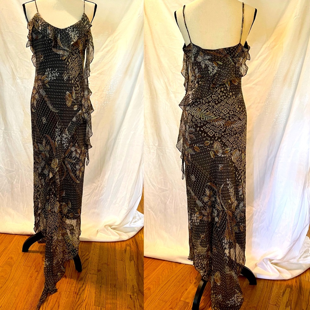 Vintage Y2K silk ruffle asymmetrical mixed print slip dress 🥀